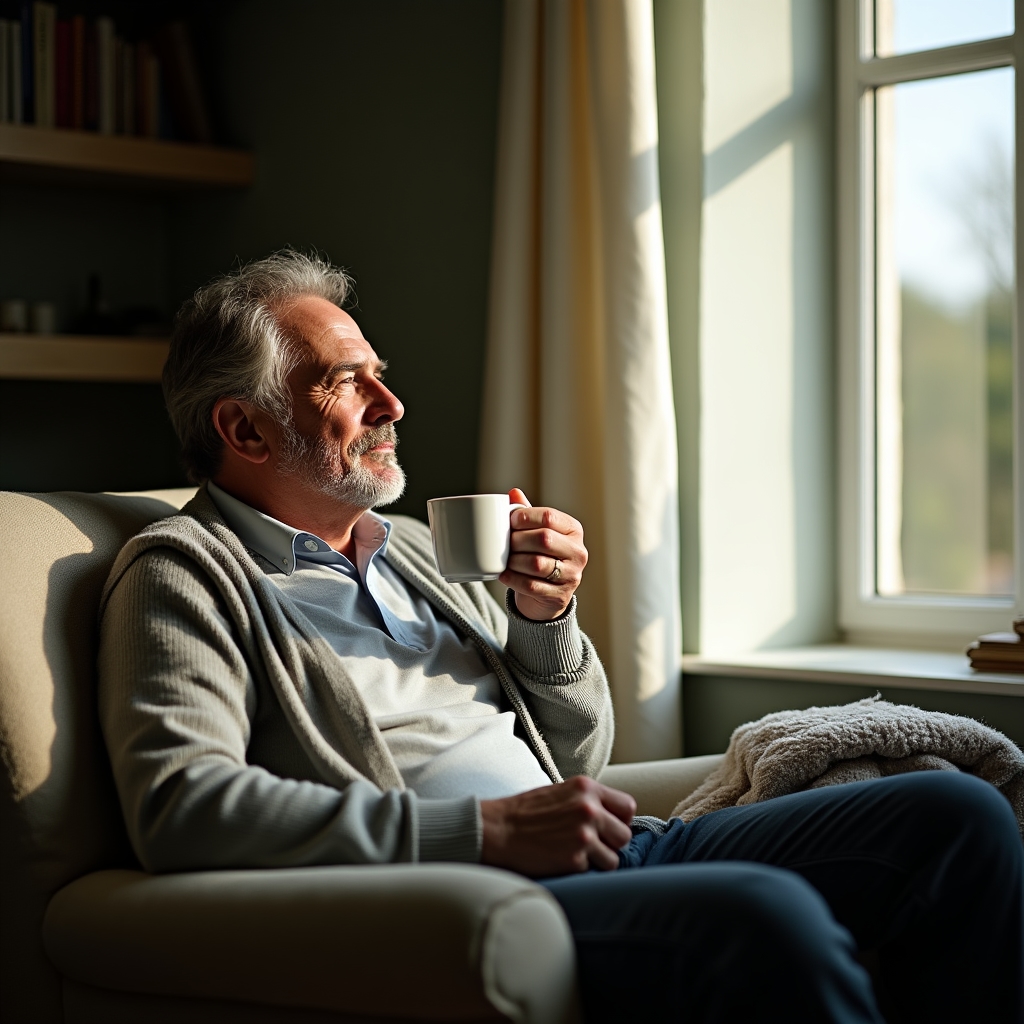 Person sitzt ruhig am Fenster mit einer Tasse Tee, nachdenklicher Ausdruck nach einer gesundheitlichen Auszeit