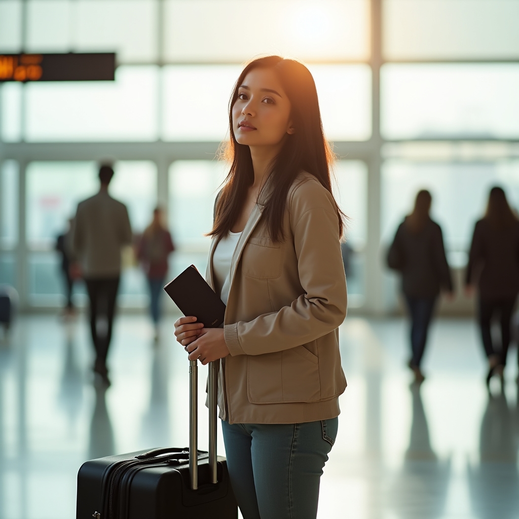 Person mit Koffer und Reisepass am Flughafen, Rückkehr nach einem Auslandsaufenthalt